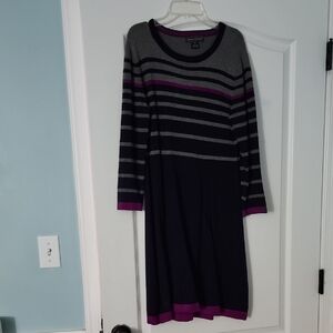 Karen Scott Long Sleeve Striped Dress - Gray, Purple, Black